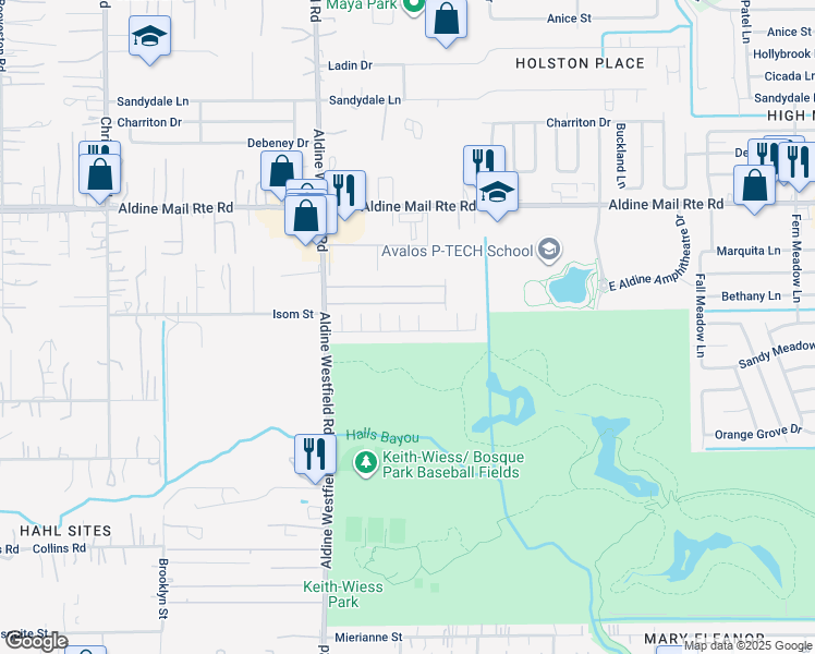 map of restaurants, bars, coffee shops, grocery stores, and more near 84 Bayou Forest Vil in Houston