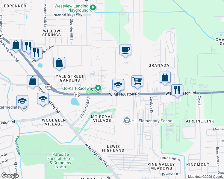map of restaurants, bars, coffee shops, grocery stores, and more near 2700 West Mount Houston Road in Houston