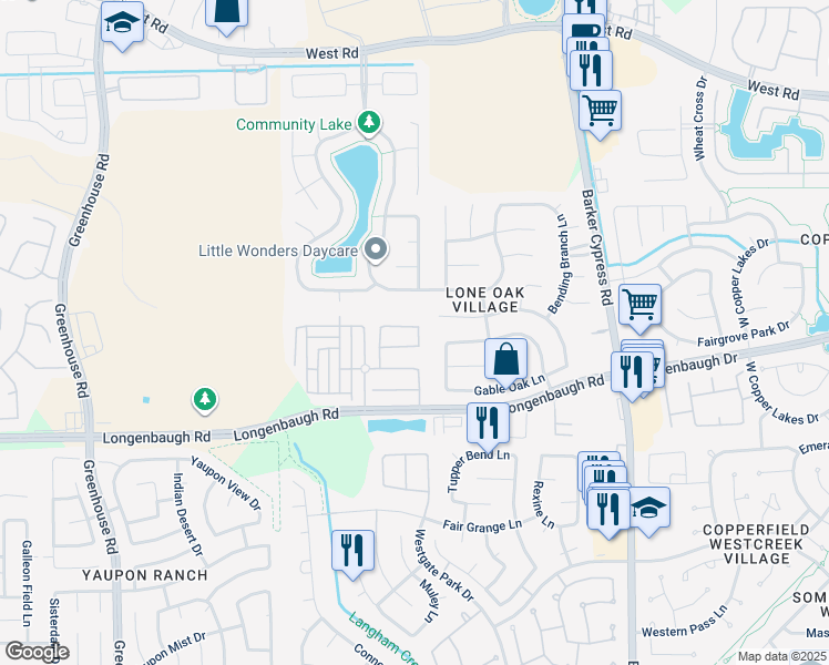 map of restaurants, bars, coffee shops, grocery stores, and more near 18302 Chianti Ridge Drive in Cypress
