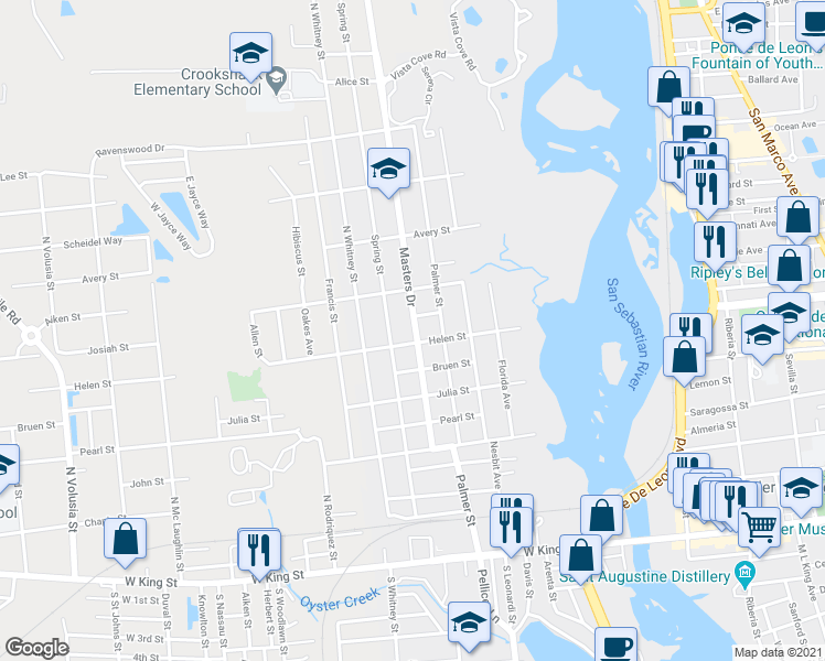 map of restaurants, bars, coffee shops, grocery stores, and more near 52 Masters Drive in St. Augustine
