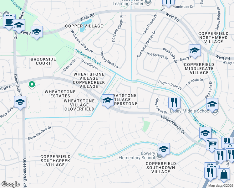 map of restaurants, bars, coffee shops, grocery stores, and more near 16203 Wemyss Bay Road in Houston