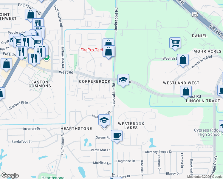 map of restaurants, bars, coffee shops, grocery stores, and more near 8310 Cassidy Creek Court in Houston