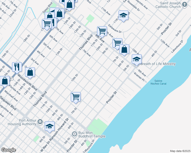 map of restaurants, bars, coffee shops, grocery stores, and more near 3343 7th Street in Port Arthur