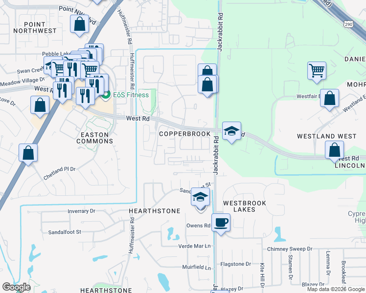 map of restaurants, bars, coffee shops, grocery stores, and more near 8318 Greys Lane in Houston