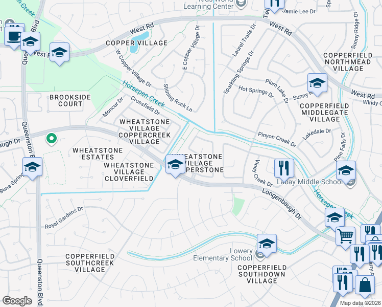 map of restaurants, bars, coffee shops, grocery stores, and more near 16203 Wemyss Bay Road in Houston