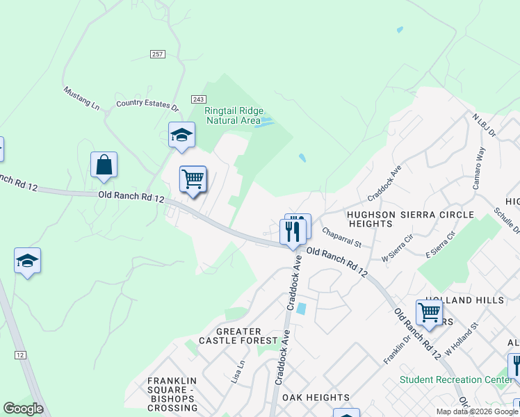 map of restaurants, bars, coffee shops, grocery stores, and more near 1740 Ranch Road 12 in San Marcos