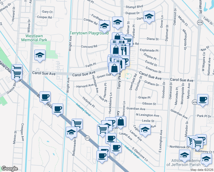 map of restaurants, bars, coffee shops, grocery stores, and more near 721 Huckleberry Lane in Terrytown
