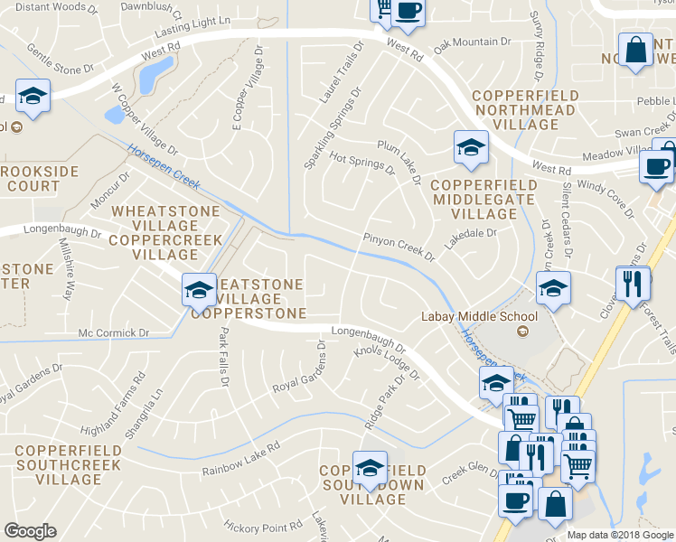 map of restaurants, bars, coffee shops, grocery stores, and more near 16011 Sweetwater Creek Drive in Houston
