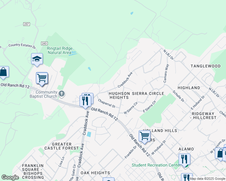 map of restaurants, bars, coffee shops, grocery stores, and more near 102 L B J Cove in San Marcos