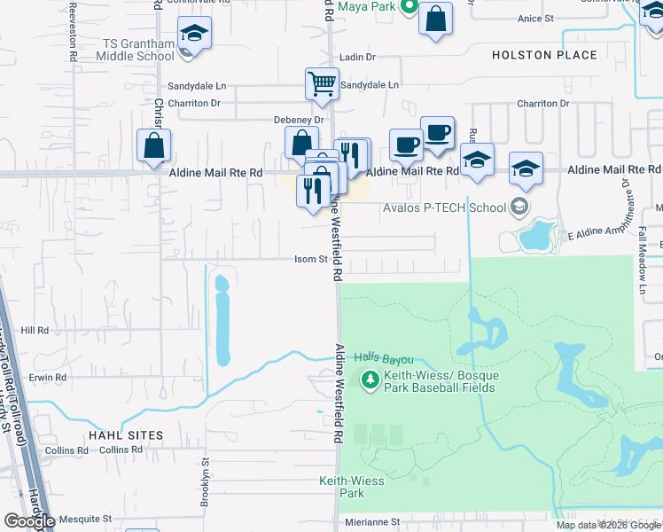 map of restaurants, bars, coffee shops, grocery stores, and more near 101 Bayou Forest Vil in Houston