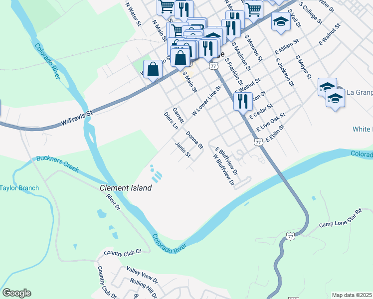map of restaurants, bars, coffee shops, grocery stores, and more near 503 West Lower Line Street in La Grange