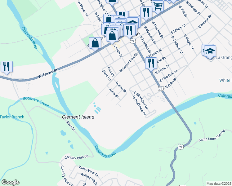 map of restaurants, bars, coffee shops, grocery stores, and more near 503 West Lower Line Street in La Grange
