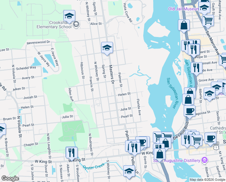 map of restaurants, bars, coffee shops, grocery stores, and more near 48 Masters Drive in St. Augustine