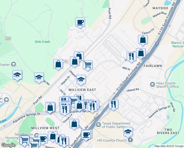 map of restaurants, bars, coffee shops, grocery stores, and more near 642 Mill Street in San Marcos