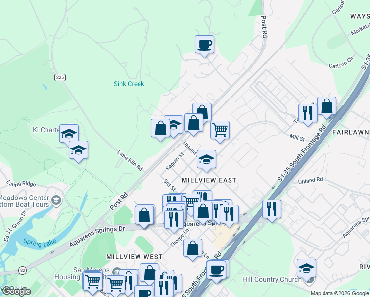 map of restaurants, bars, coffee shops, grocery stores, and more near 200 Uhland Road in San Marcos