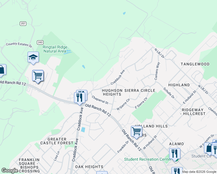 map of restaurants, bars, coffee shops, grocery stores, and more near 102 L B J Cove in San Marcos