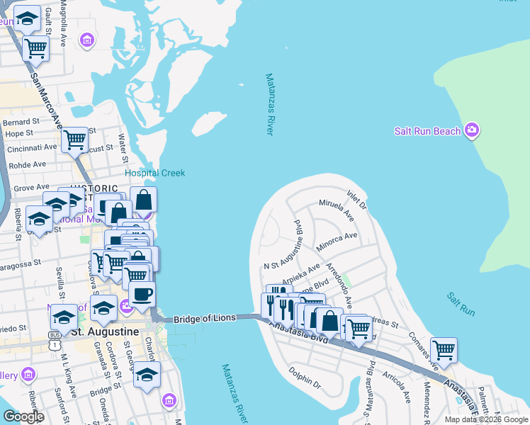 map of restaurants, bars, coffee shops, grocery stores, and more near 25 Avista Circle in St. Augustine