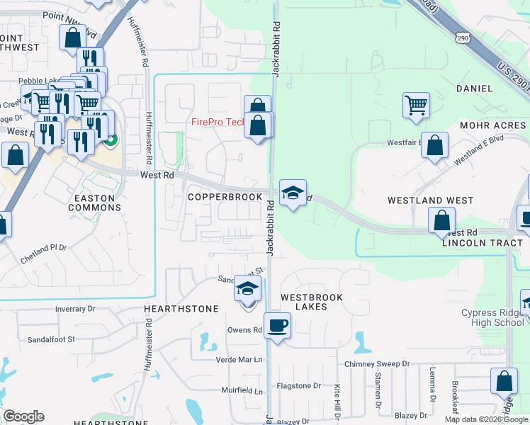 map of restaurants, bars, coffee shops, grocery stores, and more near 8310 Cassidy Creek Court in Houston
