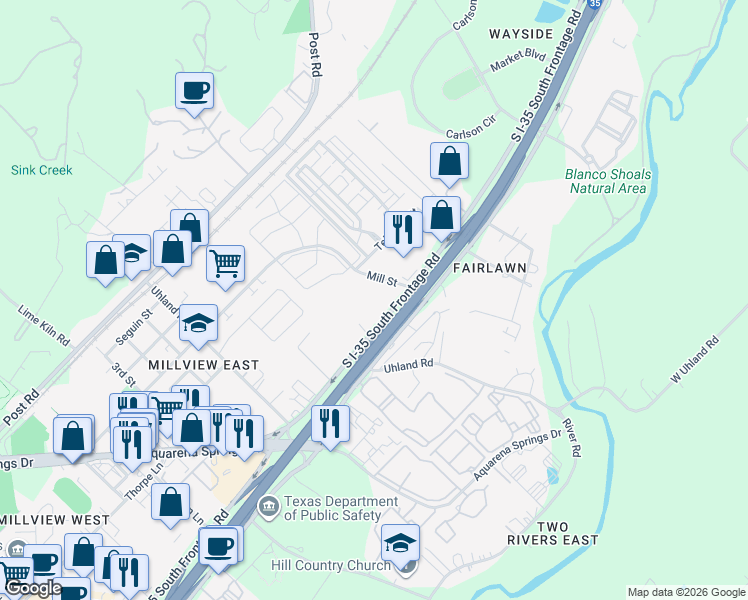 map of restaurants, bars, coffee shops, grocery stores, and more near 1805 North Interstate 35 Frontage Road in San Marcos