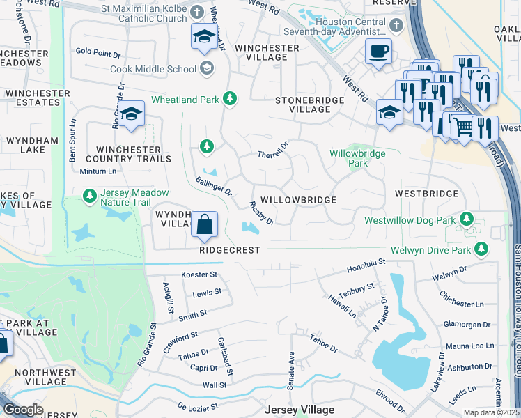map of restaurants, bars, coffee shops, grocery stores, and more near 9726 Ricaby Drive in Houston