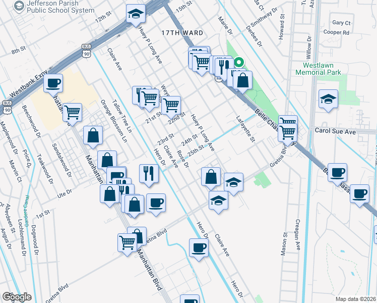 map of restaurants, bars, coffee shops, grocery stores, and more near 10 Gerard Court in Gretna