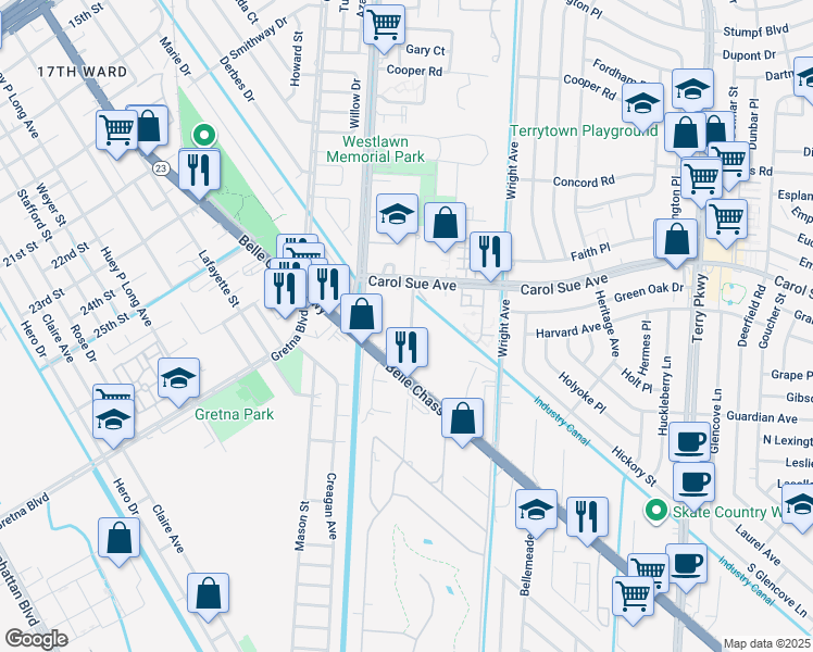 map of restaurants, bars, coffee shops, grocery stores, and more near 140 Fairfield Avenue in Terrytown