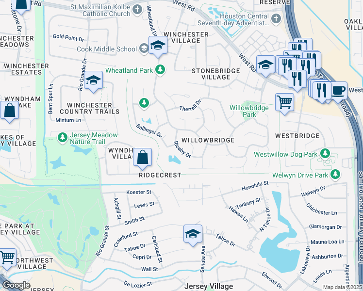 map of restaurants, bars, coffee shops, grocery stores, and more near 9726 Ricaby Drive in Houston