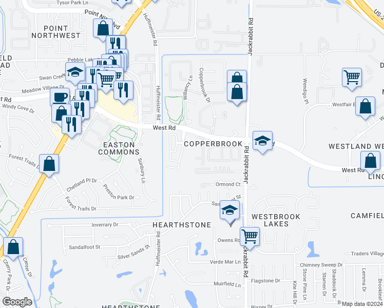 map of restaurants, bars, coffee shops, grocery stores, and more near 8315 Greys Lane in Houston