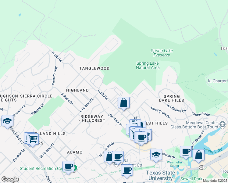 map of restaurants, bars, coffee shops, grocery stores, and more near 1350 North LBJ Drive in San Marcos