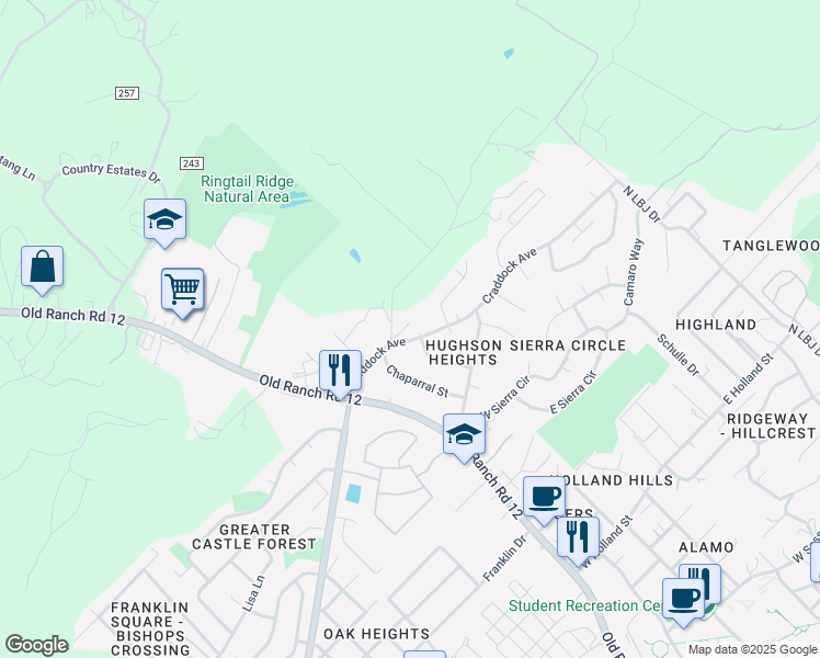 map of restaurants, bars, coffee shops, grocery stores, and more near 317 Craddock Avenue in San Marcos