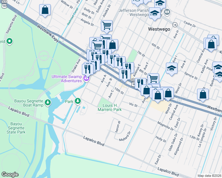 map of restaurants, bars, coffee shops, grocery stores, and more near 1141 Avenue B in Westwego