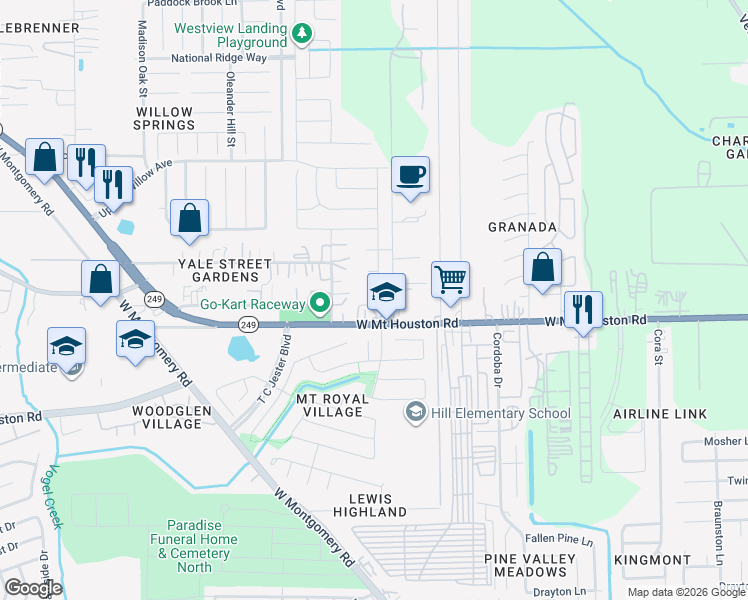 map of restaurants, bars, coffee shops, grocery stores, and more near 2700 West Mount Houston Road in Houston