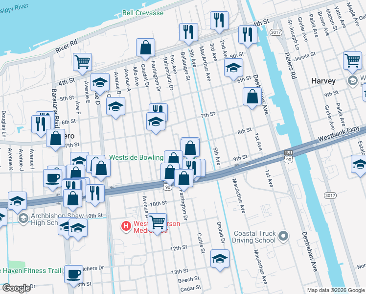 map of restaurants, bars, coffee shops, grocery stores, and more near 4016 8th Street in Marrero