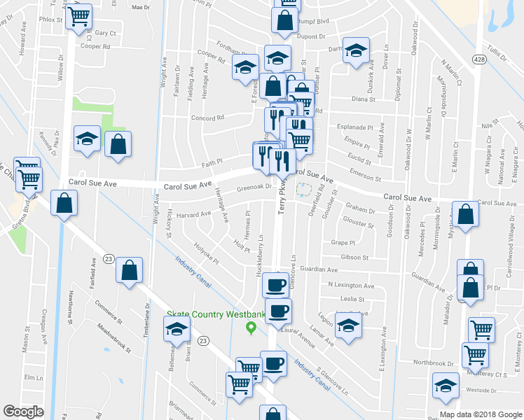 map of restaurants, bars, coffee shops, grocery stores, and more near 720 Huckleberry Lane in Gretna