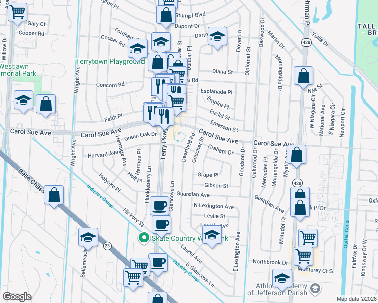map of restaurants, bars, coffee shops, grocery stores, and more near 749 Deerfield Road in Terrytown