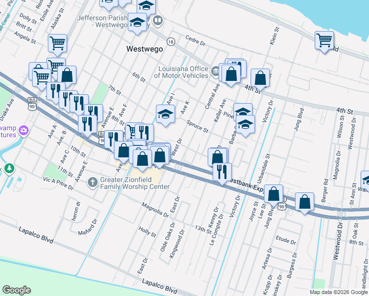 map of restaurants, bars, coffee shops, grocery stores, and more near 917 West Drive in Westwego