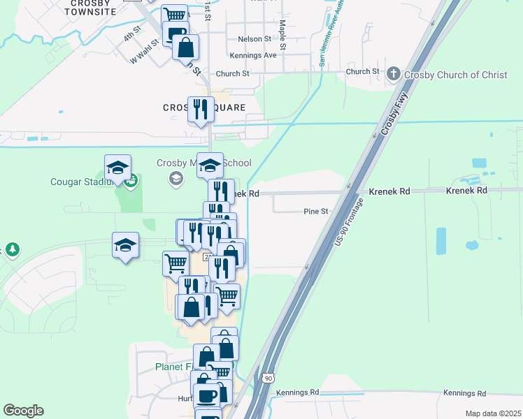 map of restaurants, bars, coffee shops, grocery stores, and more near 304 Krenek Road in Crosby