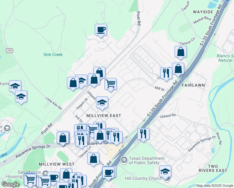 map of restaurants, bars, coffee shops, grocery stores, and more near 642 Mill Street in San Marcos