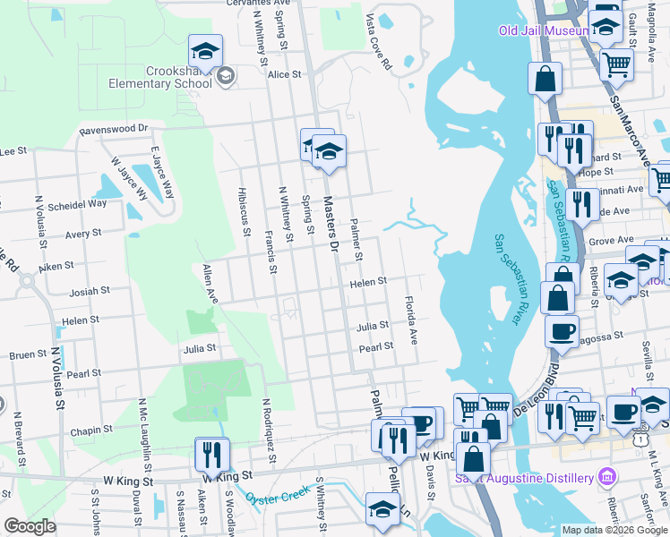 map of restaurants, bars, coffee shops, grocery stores, and more near 48 Masters Drive in St. Augustine