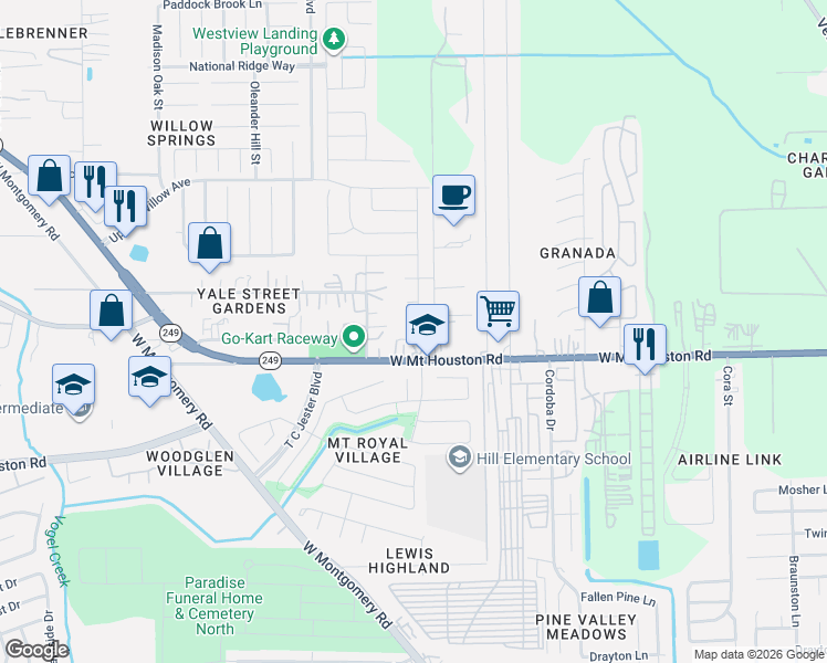 map of restaurants, bars, coffee shops, grocery stores, and more near 2700 West Mount Houston Road in Houston
