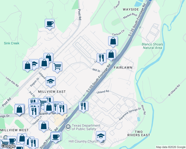 map of restaurants, bars, coffee shops, grocery stores, and more near 1711 Interstate Highway 35 South in San Marcos