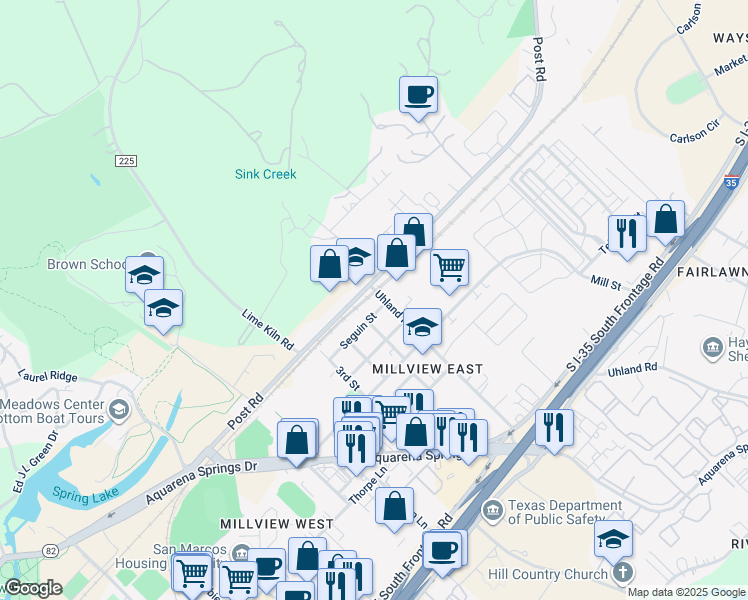 map of restaurants, bars, coffee shops, grocery stores, and more near 200 Uhland Road in San Marcos