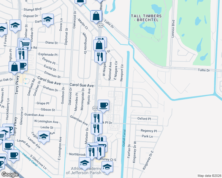 map of restaurants, bars, coffee shops, grocery stores, and more near in Terrytown