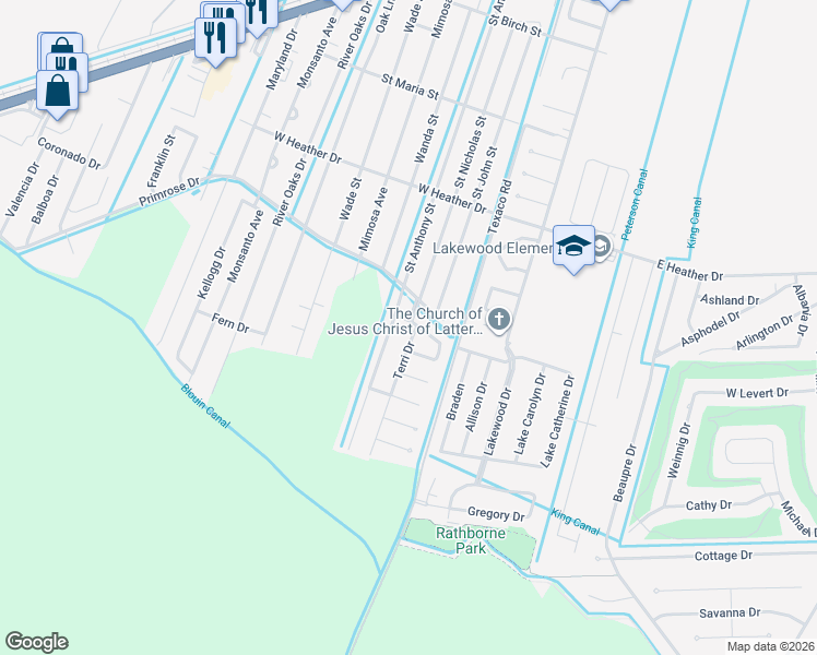map of restaurants, bars, coffee shops, grocery stores, and more near 109 Catherine Drive in Luling