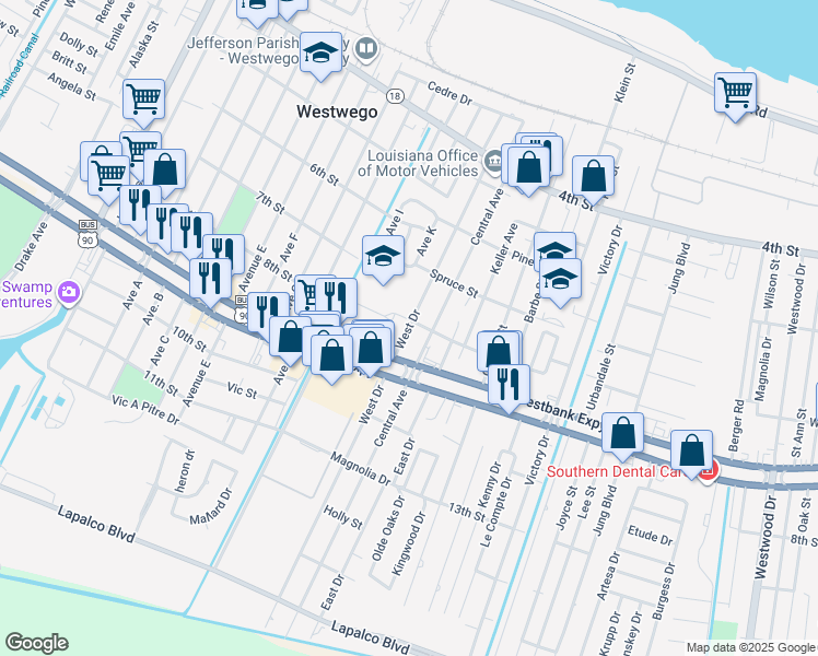 map of restaurants, bars, coffee shops, grocery stores, and more near 917 West Drive in Westwego