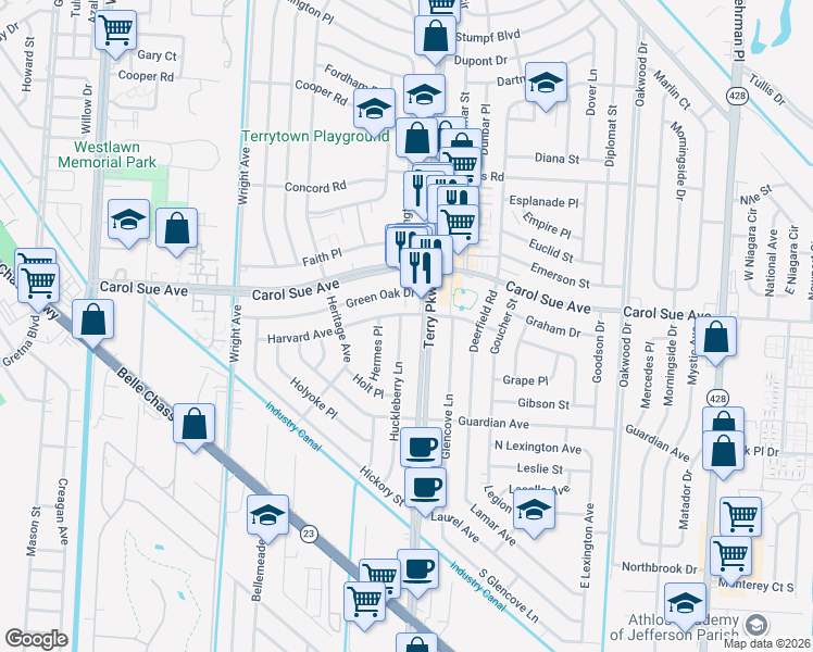 map of restaurants, bars, coffee shops, grocery stores, and more near 721 Huckleberry Lane in Terrytown