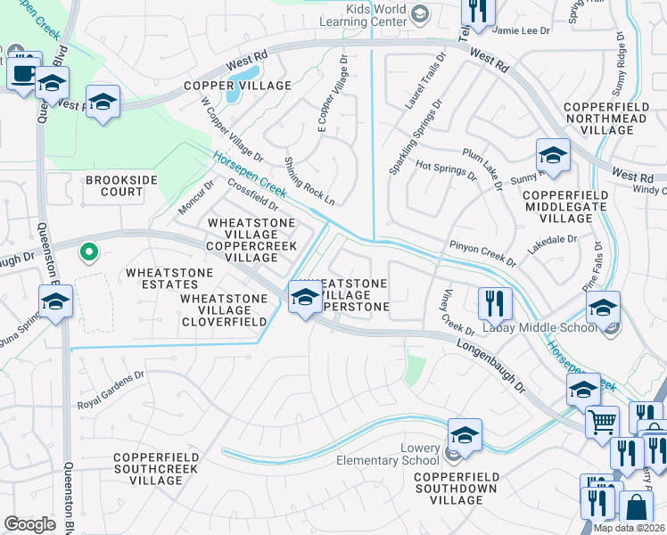 map of restaurants, bars, coffee shops, grocery stores, and more near 16203 Wemyss Bay Road in Houston
