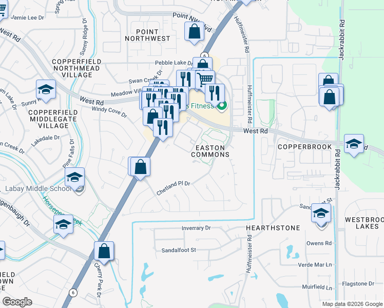 map of restaurants, bars, coffee shops, grocery stores, and more near 8440 Easton Commons Drive in Houston