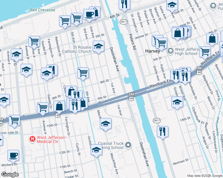 map of restaurants, bars, coffee shops, grocery stores, and more near 830 1st Avenue in Harvey