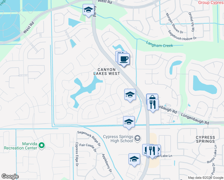 map of restaurants, bars, coffee shops, grocery stores, and more near 20615 Ranch Mill Lane in Cypress